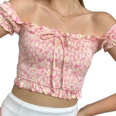 Super Cute, New Without Tags Zara Off The Shoulder Top. Pink With Small White And Yellow Flowers. Elastic Scrunched Bodice. Size Small. In Perfect Condition Feminine Ruched Tops For Vacation, Feminine Pink Ruched Tops, Pink Ruched Summer Top, Summer Pink Ruched Top, Pink Ruched Top For Vacation, Fitted Ruched Zara Tops, Zara Feminine Crop Top, Zara Fitted Summer Tops, Pink Ruched Crop Top For Spring