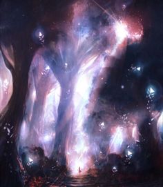 an abstract painting with trees and lights in the dark night sky, surrounded by stars