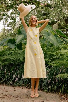 Embroidered Linen Midi Dress For Spring, Embroidered Linen Midi Dress For Summer, Spring Embroidered Linen Midi Dress, Summer A-line Linen Midi Dress, Light Yellow Outfit, Summer Embroidered Linen Midi Dress, Embroidered Linen Midi Dress, Honeymoon Fits, Light Yellow Dress