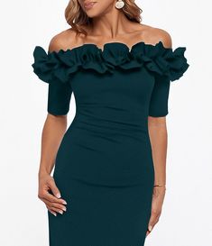 Xscape Ruffled Off-the-Shoulder Short Sleeve Crepe Sheath Gown | Dillard's Sheath Gown, Winter Fashion Coats, Beauty Expert, Dillard's, Wedding Attire, Coat Fashion, Mother Of The Bride Dresses, Bridal Wear, Mother Of The Bride