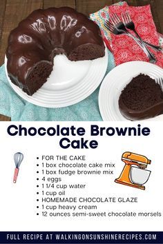 chocolate brownie cake recipe with instructions on the side