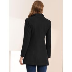 An elegant overcoat covered in a turn-down collar and full placket offers a charming look for day or night. Solid color and a turn-down collar bring casual elegance to a long-sleeved winter coat. Suitable for Casual, Business, Work, Dating, Weekend, Party, and Daily Wear. This classic winter mid-long overcoat is stylish and comfortable to wear, which is an essential overcoat for every modern woman and girl. Perfectly pair it with pants for a warm and business casual look, and style it with a lon Fitted Outerwear With Stand Collar In Solid Color, Stand Collar Outerwear For Office, Fitted Solid Color Pea Coat, Winter Office Blazer With Collar, Single Breasted Fitted Pea Coat With Stand Collar, Solid Pea Coat With Stand Collar And Buttons, Elegant Collared Buttoned Outerwear, Elegant Collared Outerwear With Buttons, Fitted Outerwear With Lapel Collar In Solid Color