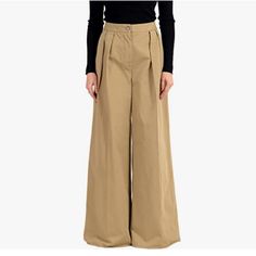 Moncler "Pantalone" Brown Wide Leg Pleated Pants Retail Value: $910.00 Features- Button And Zip Fly High Waist With Pleated Detail Ultra Wide Leg Tan 100% Cotton Fabric New Without Tags Model: Pantalone Material: 100% Cotton Measured Waist: 29" Rise: 12.5" Inseam: 33" Unhemmed Leg Opening: 14.5" 14 Luxury Cotton Bottoms For Workwear, Luxury Cotton Bottoms For Work, Luxury Cotton Workwear Bottoms, Luxury High Waist Pants For Spring, Luxury High Waist Bottoms For Spring, Luxury Spring Trousers, Luxury Trousers For Spring, Luxury High-waisted Pants For Spring, Luxury High-waisted Spring Pants