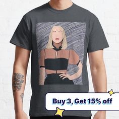 a man wearing a t - shirt with an image of a blonde woman on it