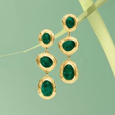 Ross-Simons - 17.90ct t. w. Emerald Station Drop Earrings in 18kt Gold Over Sterling. Opulent, artsy and affordable! These color-rich drop earrings feature trios of 17.90 ct. t. w. oval and pear-shaped emeralds in organic-shaped stations of 18kt yellow gold over sterling silver with textured and polished finishes. Hanging length is 1 7/8". Post/clutch, emerald drop earrings. Emerald birthstones are the perfect gift for May birthdays. May Birthdays, Emerald Drop Earrings, Emerald Earrings Drop, Emerald Birthstone, Earrings Emerald, May Birthday, Fine Jewelery, Women Men Shoes, Pear Shaped