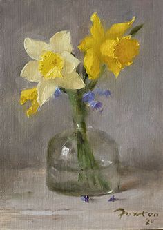 an oil painting of daffodils in a glass vase on a gray background