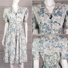 This is a charming cottage garden vintage prairie dress from the 1980s.  It features a button-down bodice, short puff sleeves, and a lace-trimmed bib collar. The waist is fitted with fabric ties at the back to cinch the waist, and the skirt is flared, falling tobelow the knee. Made from poly-cotton in a pastel blue rose print. Label: Country Romance. Only one available and sold in excellent condition. Size estimate: Small - Medium - (S-M) UK: 10-12 US: 8-10 EU: 38-40 Measurements: bust: 36" wais Pastoral Prairie Dress For Spring Garden Party, Spring Pastoral Prairie Dress For Garden Party, Pastoral Prairie Dress With Floral Print, Cottagecore Dresses With Lace Trim, Cottagecore Prairie Dress For Garden Party, Spring Prairie Dress With Lace Trim, Vintage Spring Dresses For Tea Party, Vintage Spring Dress For Tea Party, Spring Prairie Dress With Lace Trim For Garden Party