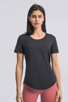 Size: Relax fit Pattern: Plain Feature: Short sleeve. curve hem. pullovers Neckline: Crewneck Sheer: No Stretch: Highly stretchy Measurements: Size 4: length 24 in. bust 36 in. underbust 37 in. sleeve 7 inSize 6: length 25 in. bust 37 in. underbust 39 in. sleeve 7 inSize 8: length 25 in. bust 39 in. underbust 40 in. sleeve 7 inSize 10: length 26 in. bust 41 in. underbust 42 in. sleeve 7 inSize 12: length 26 in. bust 42 in. underbust 43 in. sleeve7 in Material composition: 80% nylon. 20% spandex Care: Machine wash cold. Tumble dry low. Imported Shipping time: 5-10 business days Fitted Solid Color Workout T-shirt, Athleisure Short Sleeve Crew Neck Top For Workout, Fitted Elastane Tops For Athleisure, Stretch Athleisure Short Sleeve Top, Solid Stretch Short Sleeve Top For Athleisure, Athleisure Stretch Crew Neck Short Sleeve Top, Stretch Athleisure T-shirt With Scoop Neck, Stretch Crew Neck Short Sleeve Top For Athleisure, Sporty Stretch Short Sleeve Crew Neck Top