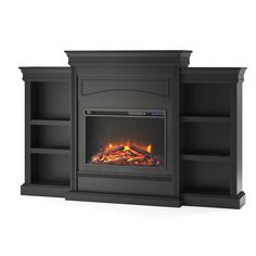 an electric fireplace with bookshelves and fire in the center on a white background