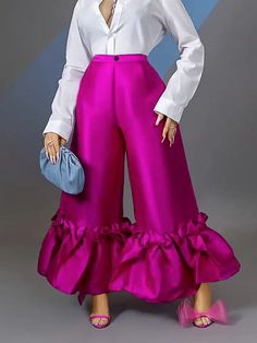 Women's High Waist Loose Design Ruffle Wide Leg Pants Long Pants High Waist Flare Pants, Look Rose, Afrikaanse Mode, Party Pants, Ruffles Fashion, Casual Wide Leg Pants, Flare Trousers, Looks Chic, Type Of Pants