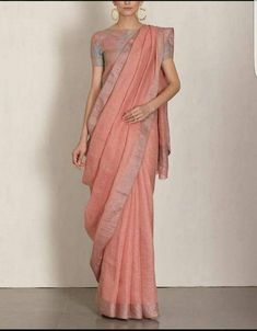 Linen by linen 100 count peach pure organic handwoven saree | Etsy Orang India, Draping Styles, Formal Saree, Formal Clothing, Saree Draping, Beautiful Sarees, Modern Saree, Simple Sarees, Drape Saree