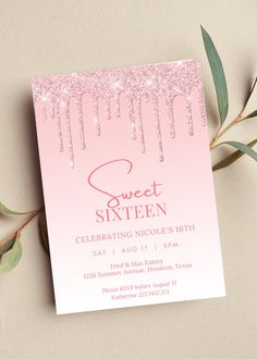 the sweet sixteen birthday party is set up with pink and white glitter drips on it