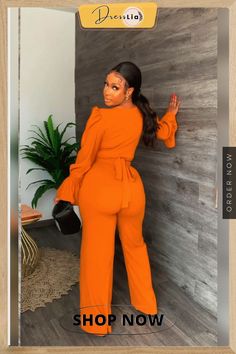 Flare Sleeve Crop Top and Wide Leg Pants Sets Non-stretch Solid Color Wide Leg Pants For Fall, Orange Long Sleeve Jumpsuit For Fall, Solid Wide Leg Jumpsuits For Fall, Solid Color Wide Leg Jumpsuits For Fall, Fall Wide Leg Jumpsuits And Rompers, Non-stretch Wide Leg Jumpsuit For Fall, Solid Wide Leg Pants For Fall Day Out, Wide Leg Solid Color Pants For Fall Day Out, Solid Wide Leg Pants For Day Out In Fall