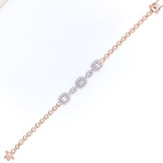 This stunning 18k gold halo bracelet, weighing 10.0 grams, features a sophisticated design adorned with 1.02 carats of diamonds. The diamonds, in round brilliant cut and baguette shapes, have a color grade of F-G and a quality grade of VS, adding exceptional sparkle and elegance. The rose gold finish enhances its luxurious appeal, making it perfect for any special occasion. The bracelet has a size of 7.5 inches, offering both style and comfort. This piece is openable, designed with a push snap l Diamond White Bracelets With Baguette Diamonds, Luxury Diamond Bracelets With Halo Setting, Luxury Diamond Bracelet With Halo Setting, Luxury Diamond Bracelet With Halo Setting For Formal Events, Luxury Diamond Bracelet With Halo Setting For Formal Occasions, Fine Jewelry Diamond Bracelets With Halo Setting, Diamond Bracelets With Halo Setting In Fine Jewelry, Diamond Bracelets With Halo Setting, Rose Gold Diamond Bracelets With Baguette Diamonds