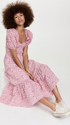 Moon River Smocked Dress | Shopbop China Moon, River Outfit, Moon River, Pink Floral Dress, Lined Skirt, Smocked Dress, Vintage Inspired Design, Pullover Designs, China Fashion