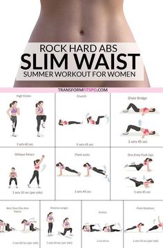 an image of a woman doing exercises on her stomach with the words rock hard abs slim waist