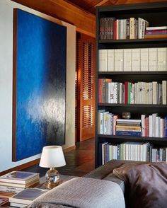 a living room filled with lots of books on top of a book shelf next to a lamp