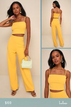 Stunning the crowd is as easy as stepping out in the Lulus Impressive Aesthetic Yellow Wide-Leg Two-Piece Jumpsuit! Stretchy techno crepe knit shapes this iconic jumpsuit that has adjustable spaghetti straps that support a darted and cropped bodice. Matching pants have a high, banded waist and wide legs, finishing at ankle-length hems. Hidden zipper at side of top. Hidden zipper/clasp at back of pants. Fit: This garment fits true to size. Length: Floor length. Size medium Bust: Great for any cup Yellow Jumpsuit For Party, Fitted Sleeveless Sets In Solid Color, Solid Color Summer Sets For Night Out, Fitted Sleeveless Solid Color Sets, Summer Solid Color Sets For Night Out, Solid Color Sets For Night Out In Summer, Solid Color Summer Party Sets, Summer Party Sets In Solid Color, Stretch Summer Sets