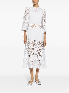 Dolce & Gabbana cut-out stretch-cotton Midi Dress - Farfetch White Midi Dress With 3/4 Sleeves For Summer, Brunch Midi Dress With Broderie Anglaise, Brunch Broderie Anglaise Midi Dress, Broderie Anglaise Midi Dress For Brunch, Chic Spring Midi Dress With Cutwork Hem, White Midi Dress With Cutwork Hem, White Long Sleeve Dress With Cutwork Hem, Chic White Midi Dress With Cutwork Hem, White Midi Dress With 3/4 Sleeves For Daywear