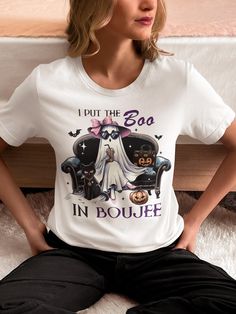 I Put The Boo In Boujee Boo-Jie shirt, Spooky Ghost Halloween Party shirt, Gothic Bow Halloween shirt, Pumpkin Bow shirt, Spooky Vibes shirt. How To Order 🤔 1 - Please, check and review all photos 2 - Choose your t-shirt size and color. Please contact if desired color or size not available. 3 - Click add to cart. You can go back to add more product 4 - Click "Proceed to check out" 5 - When you check out, you can add a note to seller for any additional request. Ultra Soft T-Shirts 👕👚 🌟100% co Short Sleeve Top With Letter Print For Costume Party, White Short Sleeve Top For Costume Party, Novelty Short Sleeve Top For Costume Party, White Graphic Print Top For Costume Party, Ghost Halloween Party, Bow Shirt, Bow Shirts, Spooky Ghost, Spooky Vibes