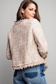 Make a bold statement with the Eliza Pearl Tweed Jacket. Featuring eye-catching pearl detailing and a chic combination of gold, champagne and light pink hues, this jacket's shoulder pads and button up design will take any outfit to the next level. Create an awe-inspiring look with this unforgettable tweed jacket! 100% Polyester Free shipping on all orders over $75. Packaged with love and shipped from Shanty Boutique warehouse in Newport, Washington. For questions, call (509)447-3160, or visit us Boutique Warehouse, Pearl Jacket, Gold Champagne, Fall Shopping, Tweed Jacket, Awe Inspiring, Newport, Next Level, Shoulder Pads