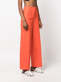 high-waisted cotton trousers from Erika Cavallini featuring orange, stretch-cotton, high waist, belt loops, wide leg, concealed front fastening, two side slash pockets and two rear patch pockets.This piece fits true to size. We recommend you get your regular sizeModel is 1,75m / 5ft 8in wearing size 40 (IT) Latest Fashion Design, Cotton Trousers, Blazer Vest, Italian Fashion Designers, Short Leggings, Knitwear Cardigan, Pant Shirt, Roberto Cavalli, Italian Fashion