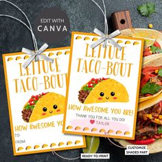 Fun and colorful Cinco de Mayo gift tags featuring a smiling taco with Lettuce Taco-Bout How Awesome You Are! text, designed to brighten anyone&#39;s day. Thanking Teachers, Taco Gifts, Monthly Celebration, Lettuce Tacos, Food Pun, Food Tags, Business Colors, Food Puns, Pun Gifts