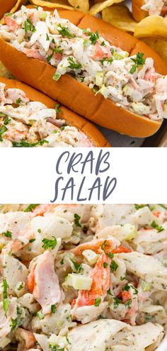 crab salad in a bread roll with potato chips on the side