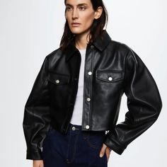 Faux Leather, Short Design, Shirt-Style Collar, Long Sleeve, Press Stud Fastening On The Front, Two-Buttoned Flap Chest Pockets, Inner Lining New With Tags, Never Worn. Price Firm, Thanks! Product Page: Https://Shop.Mango.Com/Us/En/P/Women/Jackets/Short-Leather-Effect-Jacket_37013702 Fall Workwear Collared Biker Jacket, Fall Leather Long Sleeve Cropped Jacket, Leather Cropped Jacket With Long Sleeves For Fall, Black Leather Cropped Jacket For Fall, Edgy Collared Fall Outerwear, Edgy Collared Outerwear For Fall, Edgy Cropped Jacket For Work In Fall, Winter Workwear Faux Leather Cropped Jacket, Winter Work Faux Leather Cropped Jacket