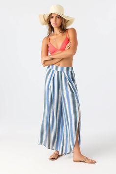 Laid-back, flowy woven pant that radiates effortless style. It features an elastic waist, wider fit and split leg detail. O'Neill Women's woven pant 28" Inseam 12.5" Front rise Elastic waist Wide leg fit Split leg detail 100% Viscose | O'Neill Women's Tymea Faded Stripe Fly Away Beach Pants in Slate, Size XL, Viscose Casual High-waisted Harem Pants For Beach, Beach High-waisted Relaxed Fit Harem Pants, High-waisted Relaxed Fit Harem Pants For Beach, Relaxed Fit High-waisted Harem Pants For Beach, Blue Bottoms For Beach Cover-up In Beach Season, Flowy Spring Vacation Bottoms, Rayon Bottoms For Beach Season Vacation, Casual Rayon Bottoms For Beach Season, Flowy Bottoms For Beach In Spring