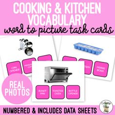 cooking and kitchen vocably word to picture task cards - real photos, numbers & includes data sheets