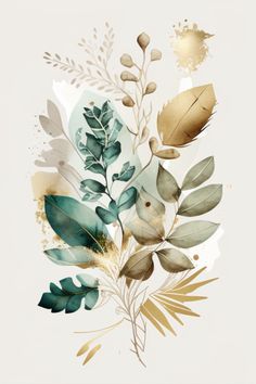 an illustration of leaves and plants on a white background with watercolor paint effect in the middle