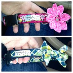 two pictures of the same dog collar, one with a flower on it and another with a bow tie