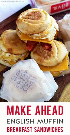 english muffin breakfast sandwiches with bacon and cheese on them are ready to be eaten