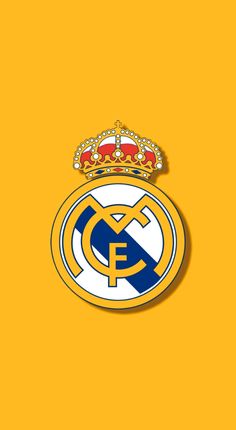 the real madrid logo with a crown on it's head, against a yellow background