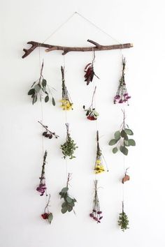 a wall hanging made out of branches and flowers with leaves attached to the back of it