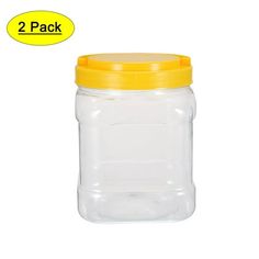 two pack glass storage jar with yellow lid and plastic cap, 2 5l x 3 4l