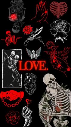 a bunch of different types of tattoos on a black background with the words love written in red