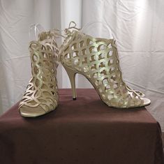 Klub Nico, Leather Vamp Lattice Booties, With Peep Toe & Lace Up, Tie Closure, At The Heel. Sold In Bhldn/Anthropologie. Tan Colored Metallic Leather Upper And Leather Sole. 4 1/2" Leather Wrapped Heel. Size 10. New With Shoe Bag. *Minor Scuffing Notes To Soles From Trying On, And From Being In My Closet! Handmade In Brazil. Spring Party Ankle Strap Booties, Pointed Toe Party Booties For Spring, Party Booties With Pointed Toe For Spring, Spring Party Booties With Pointed Toe, Spring Lace-up Fitted Booties, Elegant Spring Booties With 4-inch Heel, Elegant Closed Toe Booties For Spring, Elegant Spring Booties With Closed Toe, Elegant Ankle-high Booties For Spring