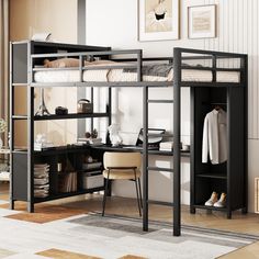 a loft bed with desk underneath it in a room that has hardwood floors and white walls