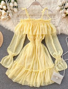 Lovely tulle long sleeve dress Fabric: blended Color: yellow, white, blue, black Size(cm): free size length 86 bust 84-98 waist 54-70 Tulle Long Sleeve Dress, Istoria Modei, Off Shoulder Short Dress, Elastic Waist Dress, Mode Kpop, Dress Spaghetti, Really Cute Outfits, Teen Fashion Outfits, Waist Dress