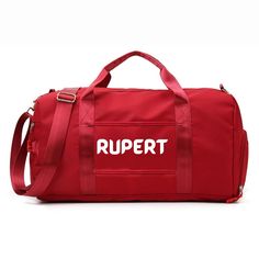 a red duffel bag with the word rupert printed in white on it's side