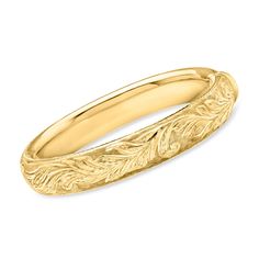 Ross-Simons - Italian 14kt Yellow Gold Florentine-Style Bangle Bracelet. 7.5". Masterfully crafted in Italy, this rich 14kt yellow gold bangle features an elegantly etched Florentine-style design. Classic and refined with distinct artisanal flair, this is an heirloom-quality bracelet you'll be thrilled to wear for years to come. Textured and polished finishes. Hinged. Box clasp, 14kt yellow gold Florentine-style bangle bracelet. Italian Dress, Yellow Gold Bangle, Jewelry Clasps, Natural Gold, Box Clasp, Fine Jewelry Bracelets, Gold Bangle Bracelet, Gold Bangle, Diamond Flower