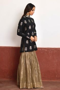 Black polo neck short kurta in handloom brocade with floral woven patterns. Comes with champagne grey tissue sharara. - Aza Fashions Tissue Sharara, Black Polo Neck, Black Kurta, Short Kurta, Handwoven Fabric, Sharara Set, Black Polo, Polo Neck, Set For Women