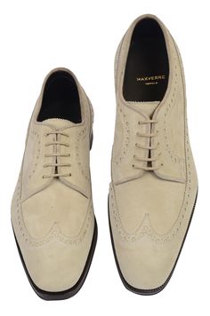 NEW US Size: 7.5 MAX VERRE Size: 6.5 Tan - Beige Color Made of Suede Leather Derby 5 Eyelet Full Brogue Wingtip Included Shoe Box NOT Included Shoe Bag and Tree This product is located in our US warehouse. Designer Wingtip Brogue Lace-up Shoes, Designer Lace-up Wingtip Brogue Shoes, Designer Lace-up Oxfords With Brogue Detailing, Elegant Wingtip Derby With Textured Sole, Beige Almond Toe Oxfords For Formal Wear, Beige Almond Toe Oxfords For Formal Occasions, Classic Beige Oxfords With Textured Sole, Beige Brogue Dress Shoes, Classic Beige Leather Shoes For Formal Occasions