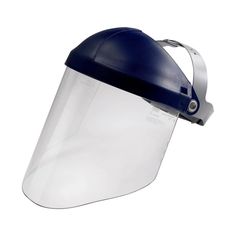 a clear and blue helmet with a visor on the top is shown against a white background