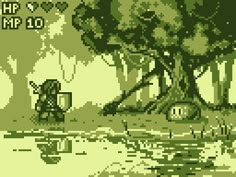 an old computer game with trees and water