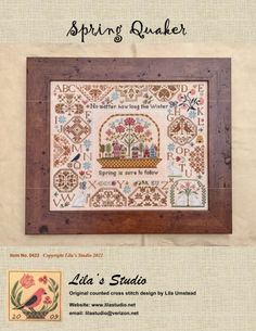 a cross stitch pattern with the words spring quilter on it and an image of a bird