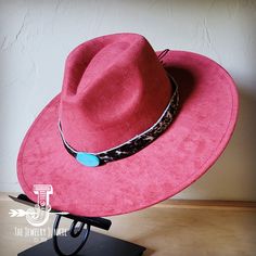 Boho Western hat with genuine leather hat band and Turquoise stone Country Style Felt Hat For Beach, One Size, Country Style Felt Hat For Beach, Western Felt Hat For Vacation, Western Felt Hat For Beach, One Size Fits Most, Western Style Felt Hat For The Beach, Western Style Felt Hat For Vacation, Bohemian Felt Hat For Ranch, Red Bohemian Wide Brim Felt Hat, Bohemian Red Wide Brim Fedora