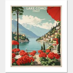 a poster with red flowers and an umbrella in front of the lake comoo, italy